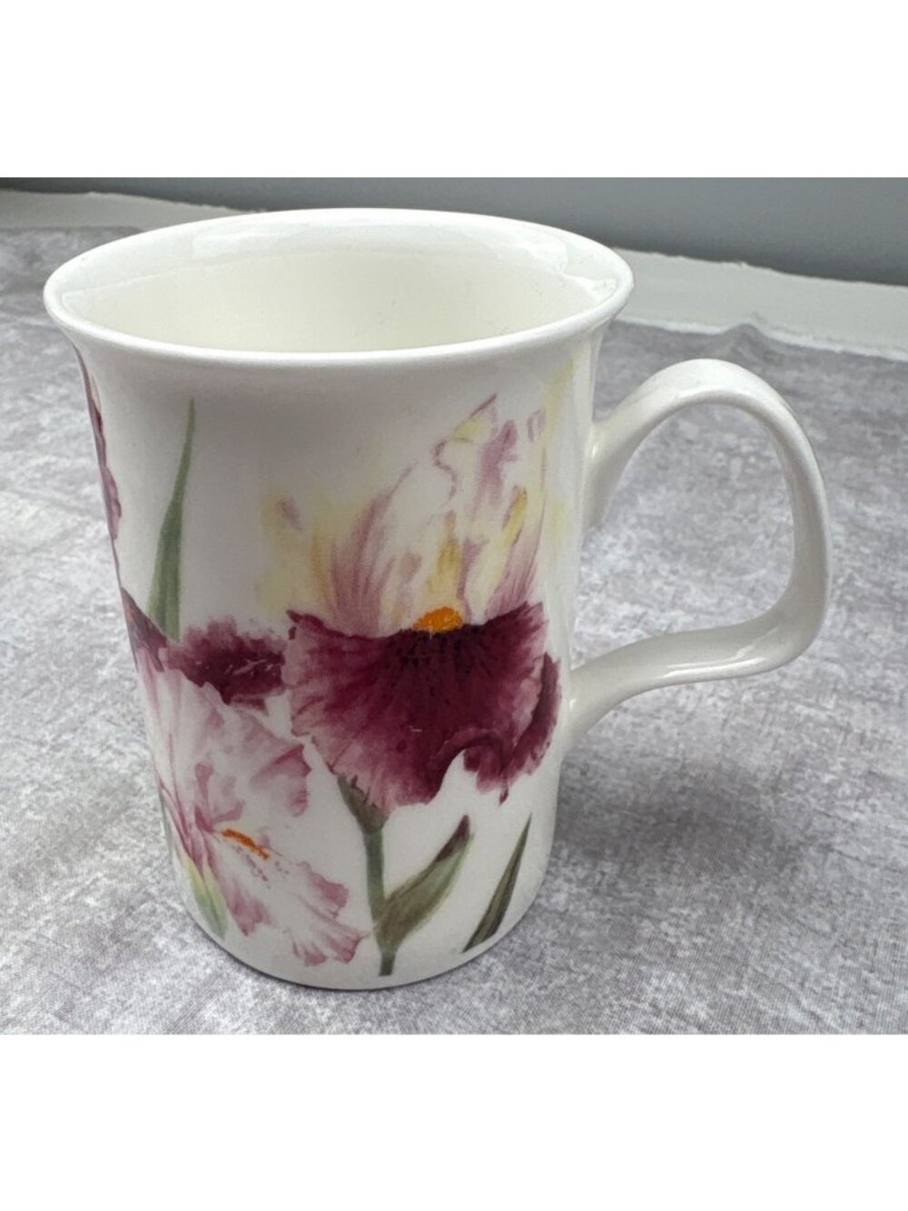 Roy Kirkham Fine Bone China Mug Iris Flower Design England 4" tall Stunning Artw